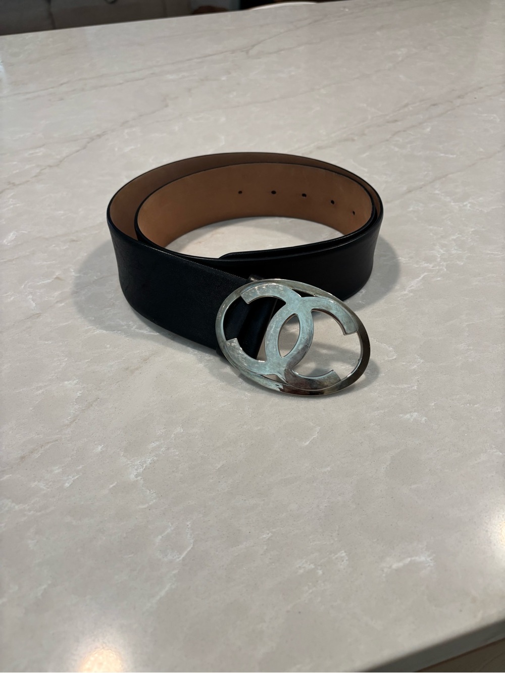 Vintage CHANEL Black Leather Belt Size 90/36 Oversized Silver CC Logo Buckle Y2K